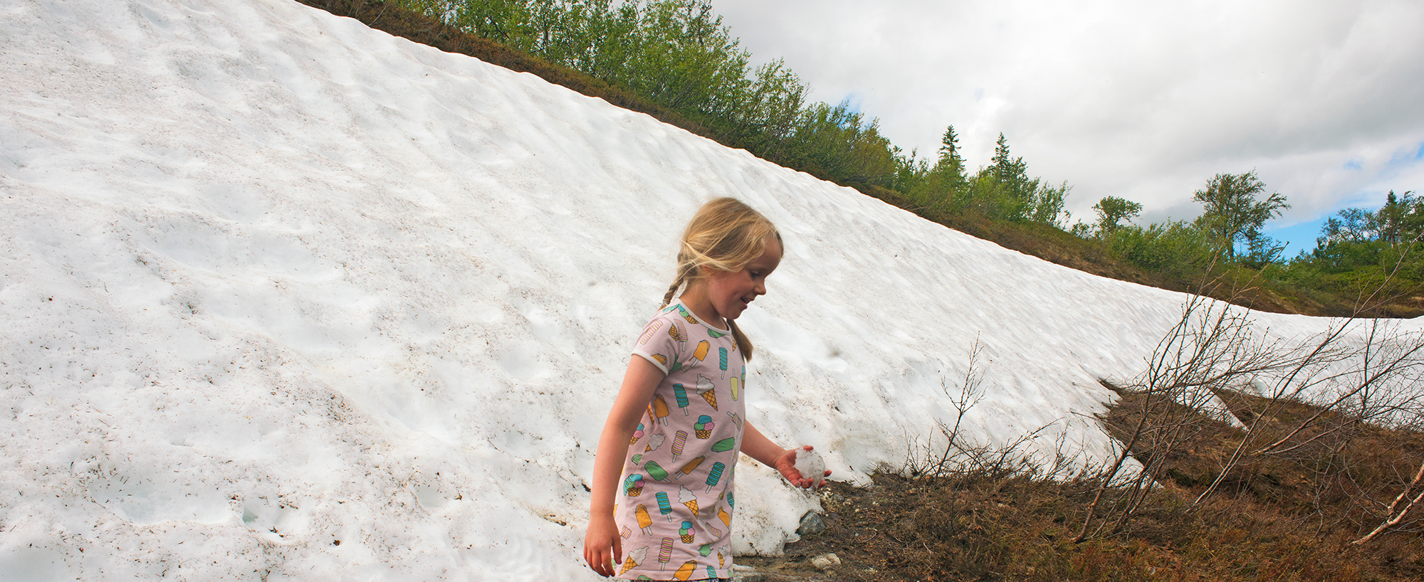 I Språngsdalen, i Ottsjö, kan man ofta kasta snöboll i slutet av juli. Fjällupplevelser i världsklass i Södra Årefjällen.